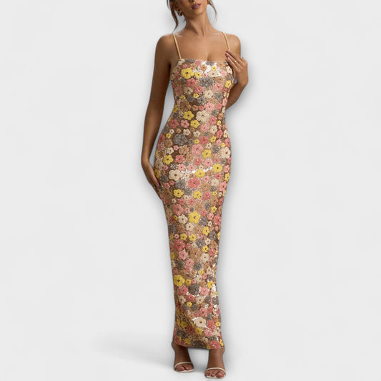 Oakley - Vestido Maxi con Flores y Paillettes Estilo Años 80