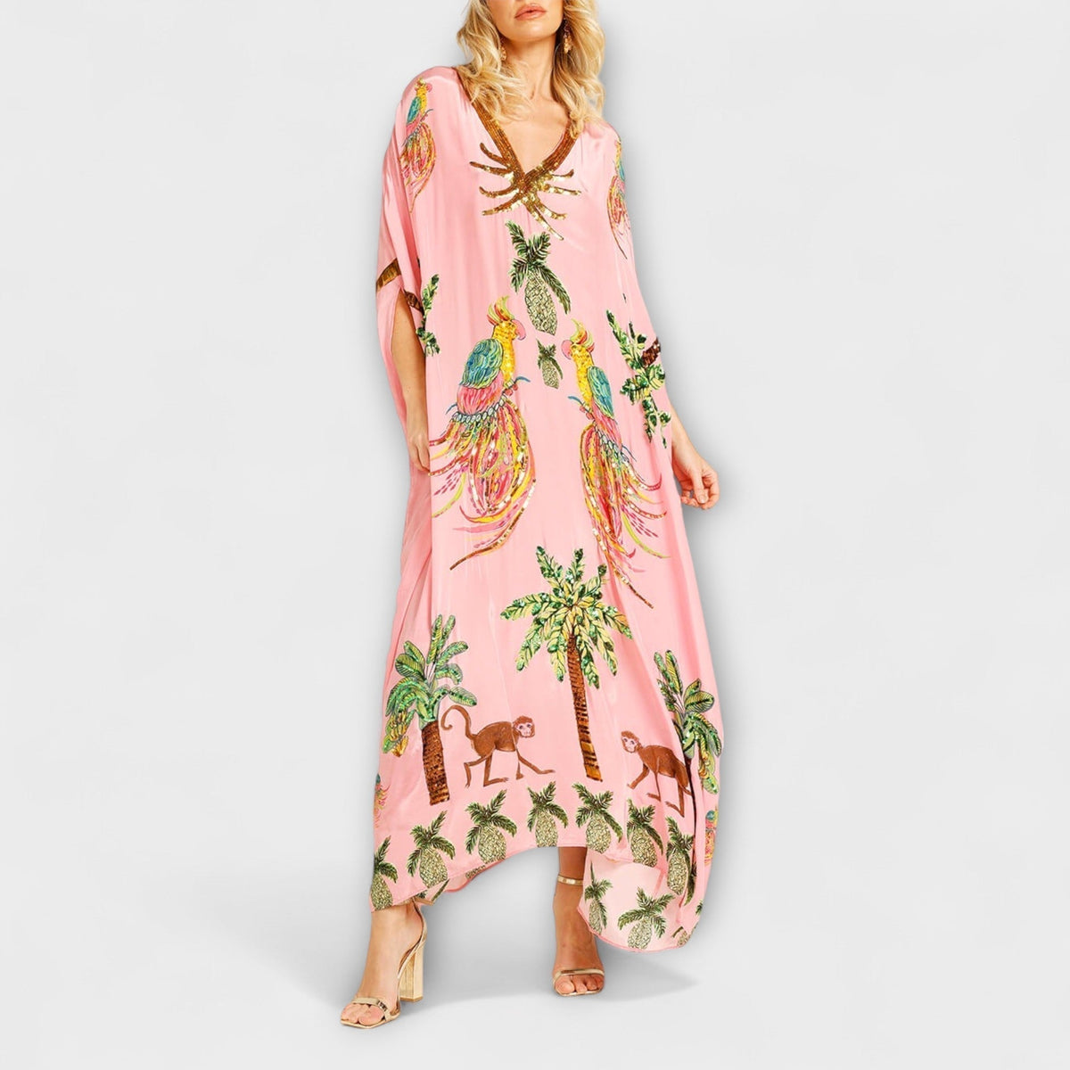 Linda - Vestido impresionante con tirantes asimétricos y motivo de palmeras