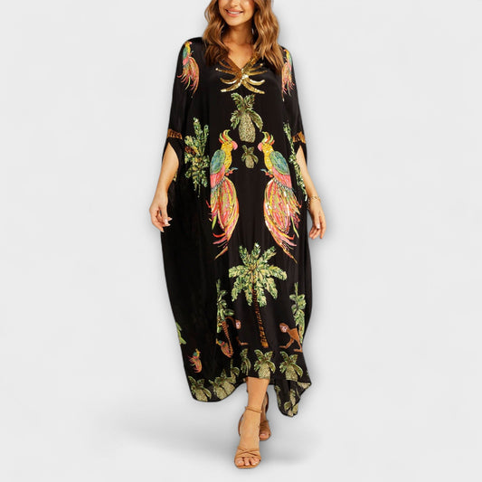 Linda - Vestido impresionante con tirantes asimétricos y motivo de palmeras