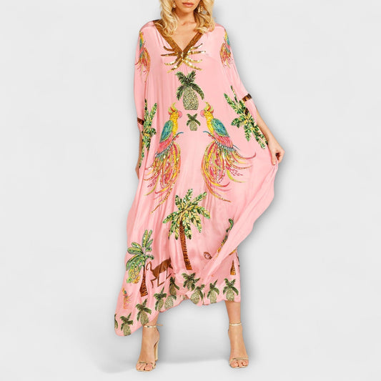 Linda - Vestido impresionante con tirantes asimétricos y motivo de palmeras