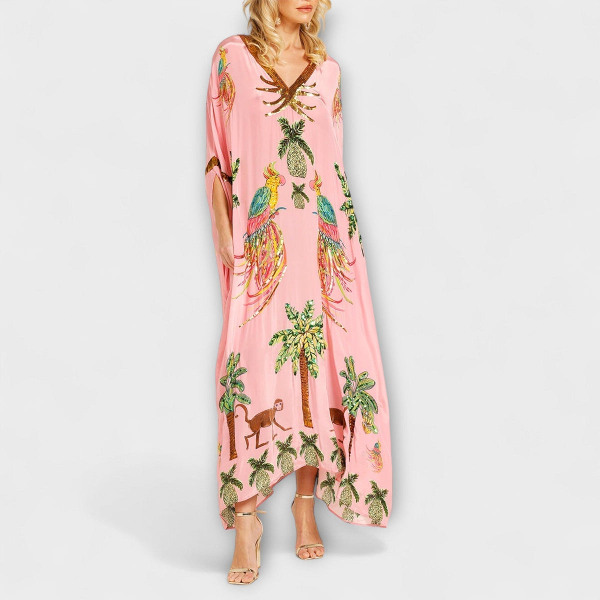 Linda - Vestido impresionante con tirantes asimétricos y motivo de palmeras