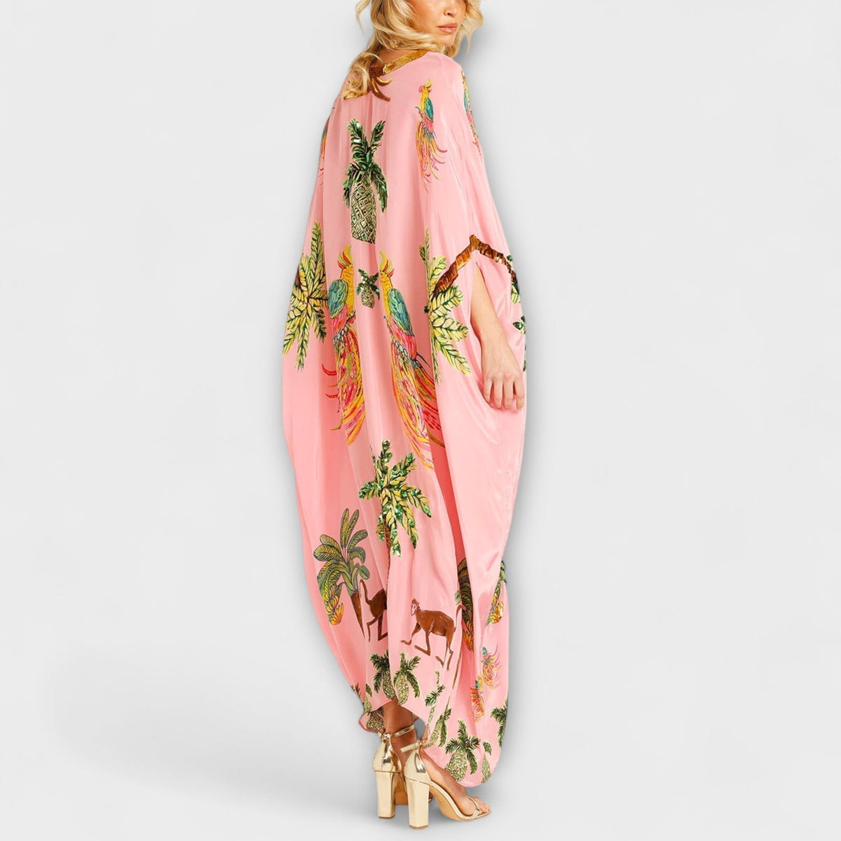 Linda - Vestido impresionante con tirantes asimétricos y motivo de palmeras