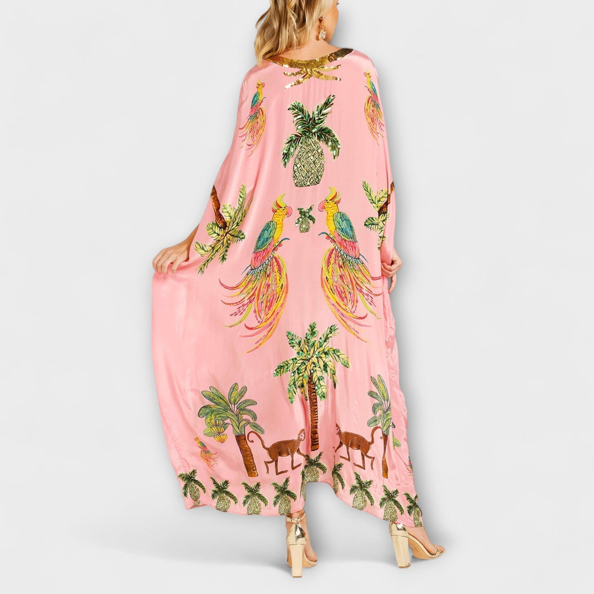 Linda - Vestido impresionante con tirantes asimétricos y motivo de palmeras
