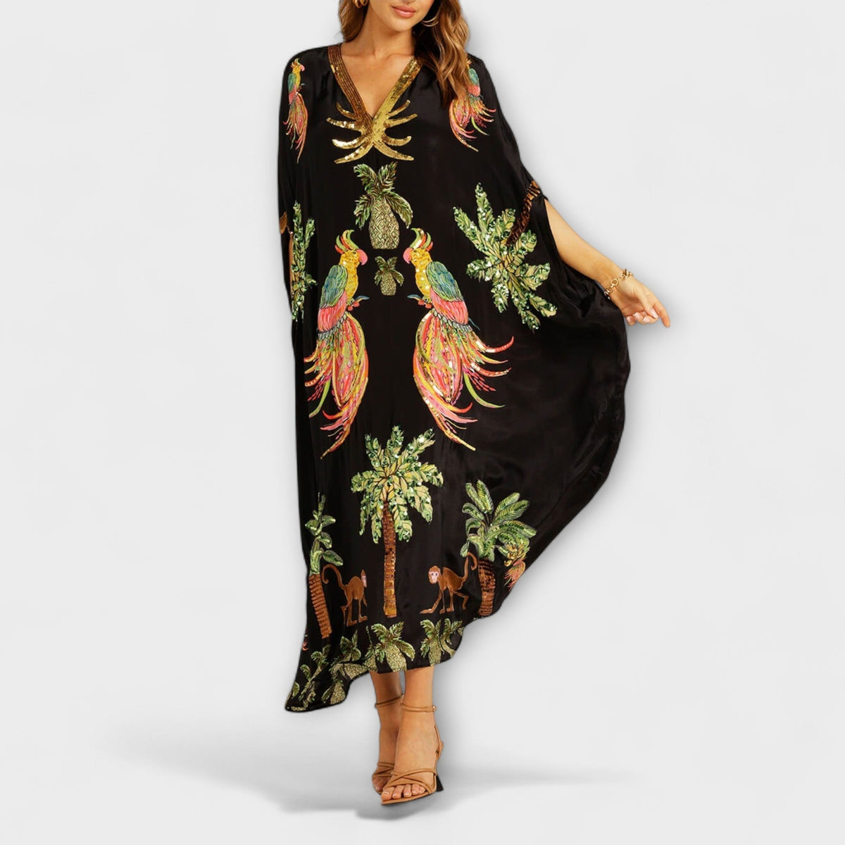 Linda - Vestido impresionante con tirantes asimétricos y motivo de palmeras