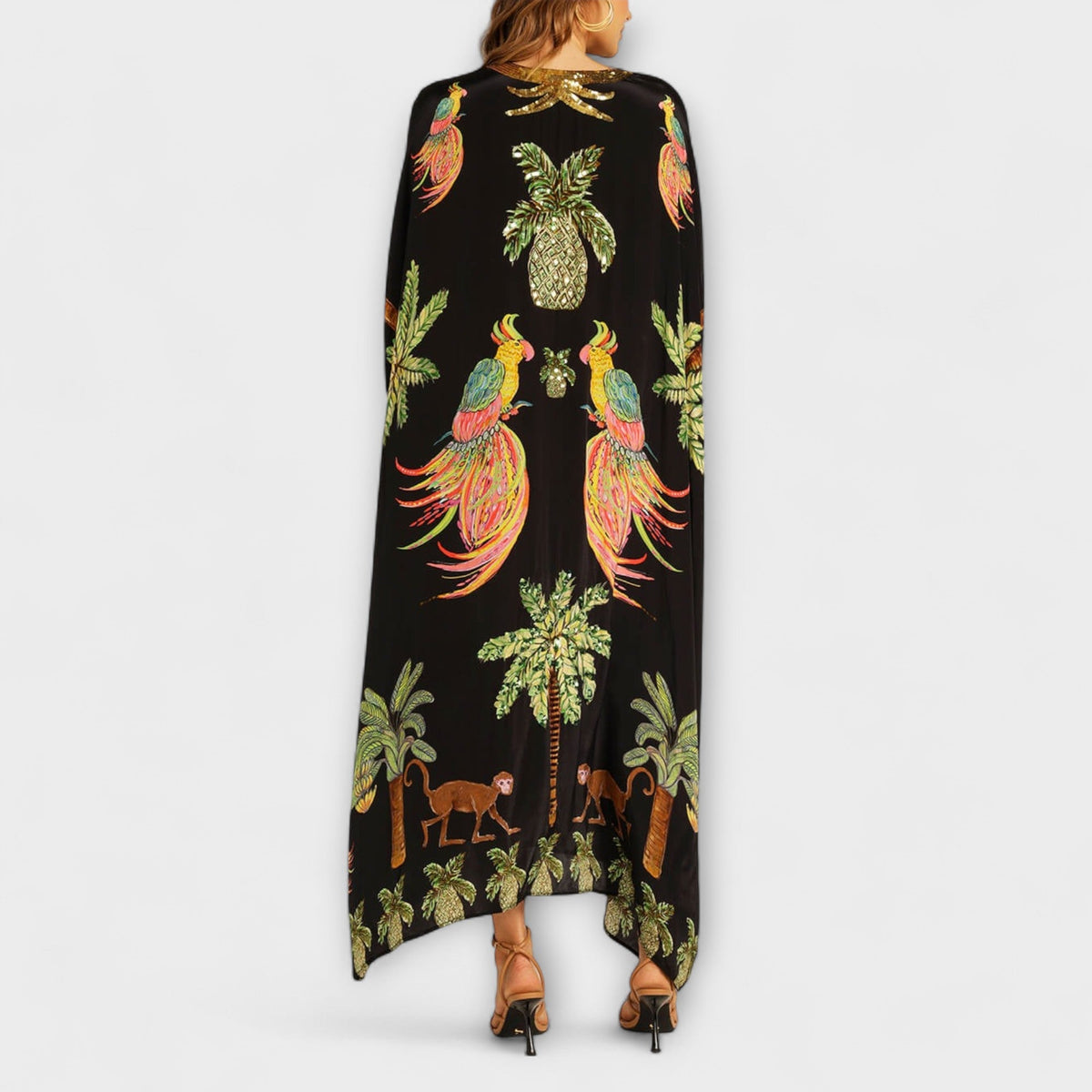 Linda - Vestido impresionante con tirantes asimétricos y motivo de palmeras