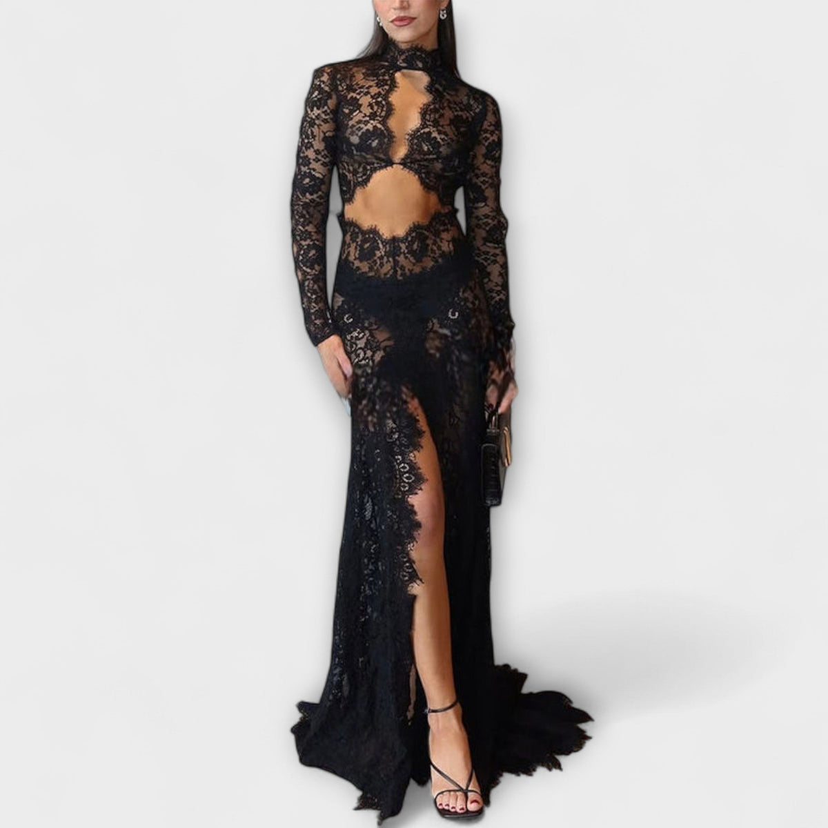 Azalea - Elegancia de Medianoche Vestido Maxi Largo con Mangas de Encaje Transparente