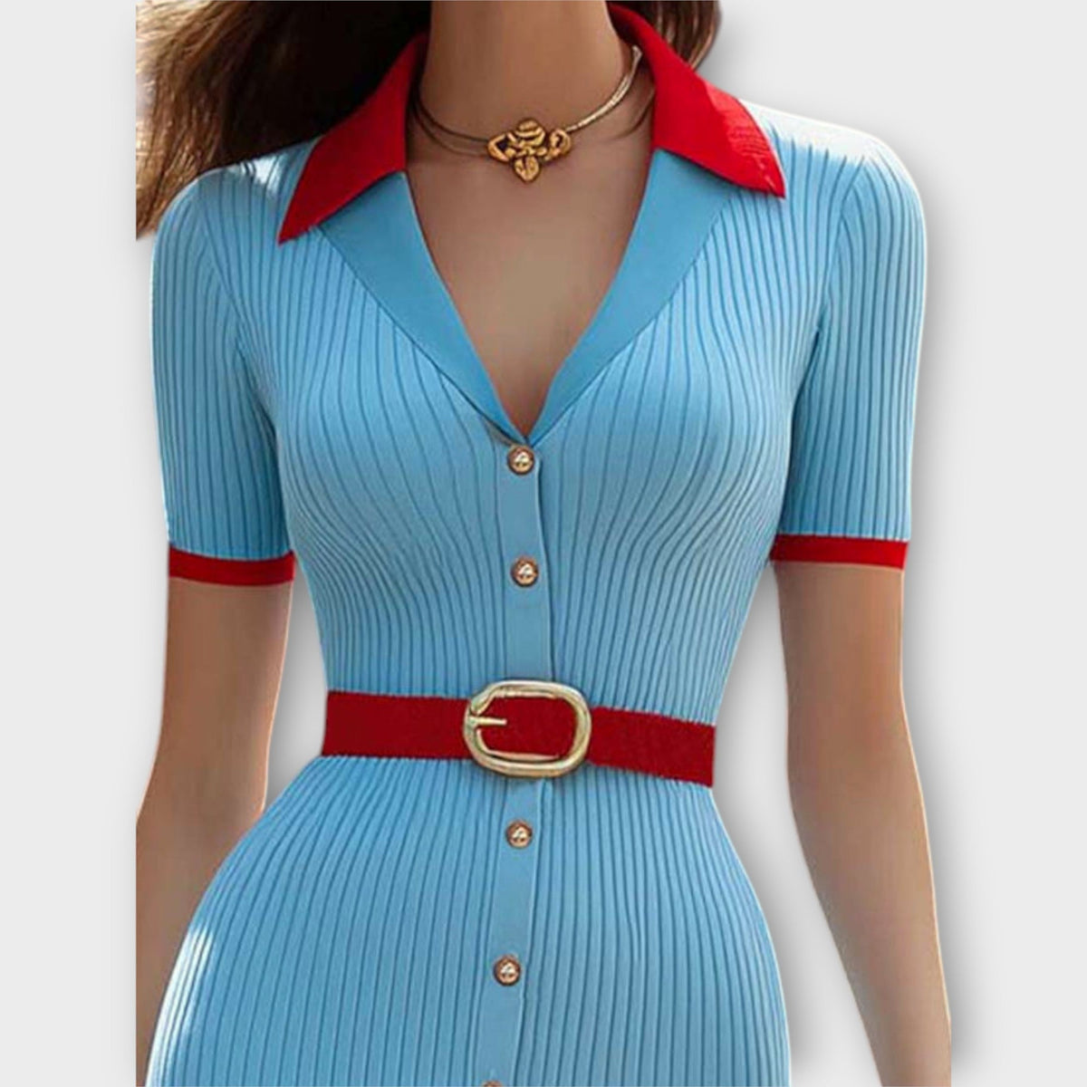 Sina - Elegante vestido ajustado a rayas azul pastel