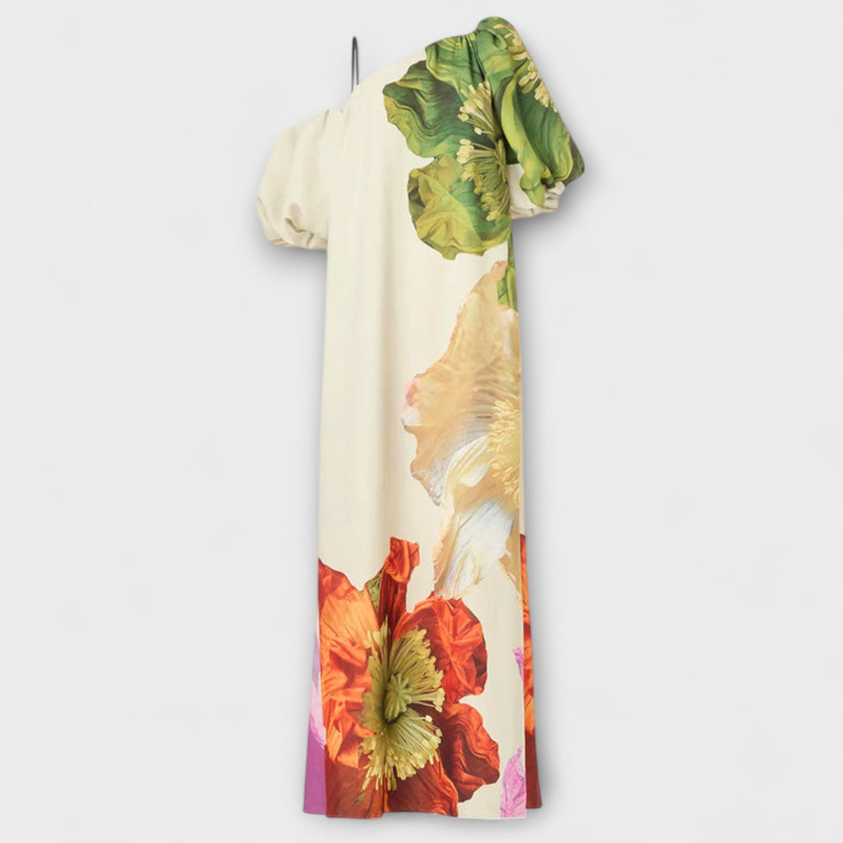 Skylar - Vestido maxi de flores, escote asimétrico y mangas abullonadas