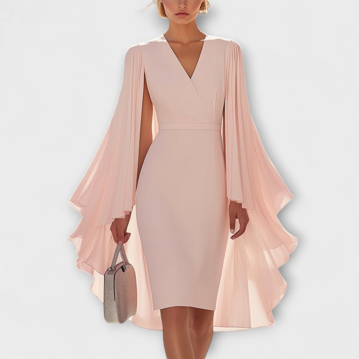 Rachel - Vestido midi Roza con escote en V y mangas de chiffon