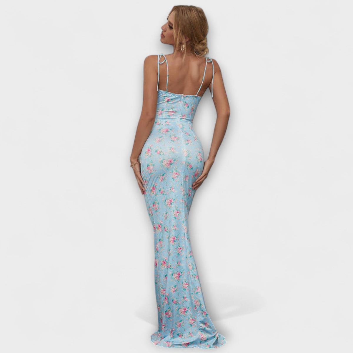 Thalia - Vestido de baile con motivo floral y tirantes anudados
