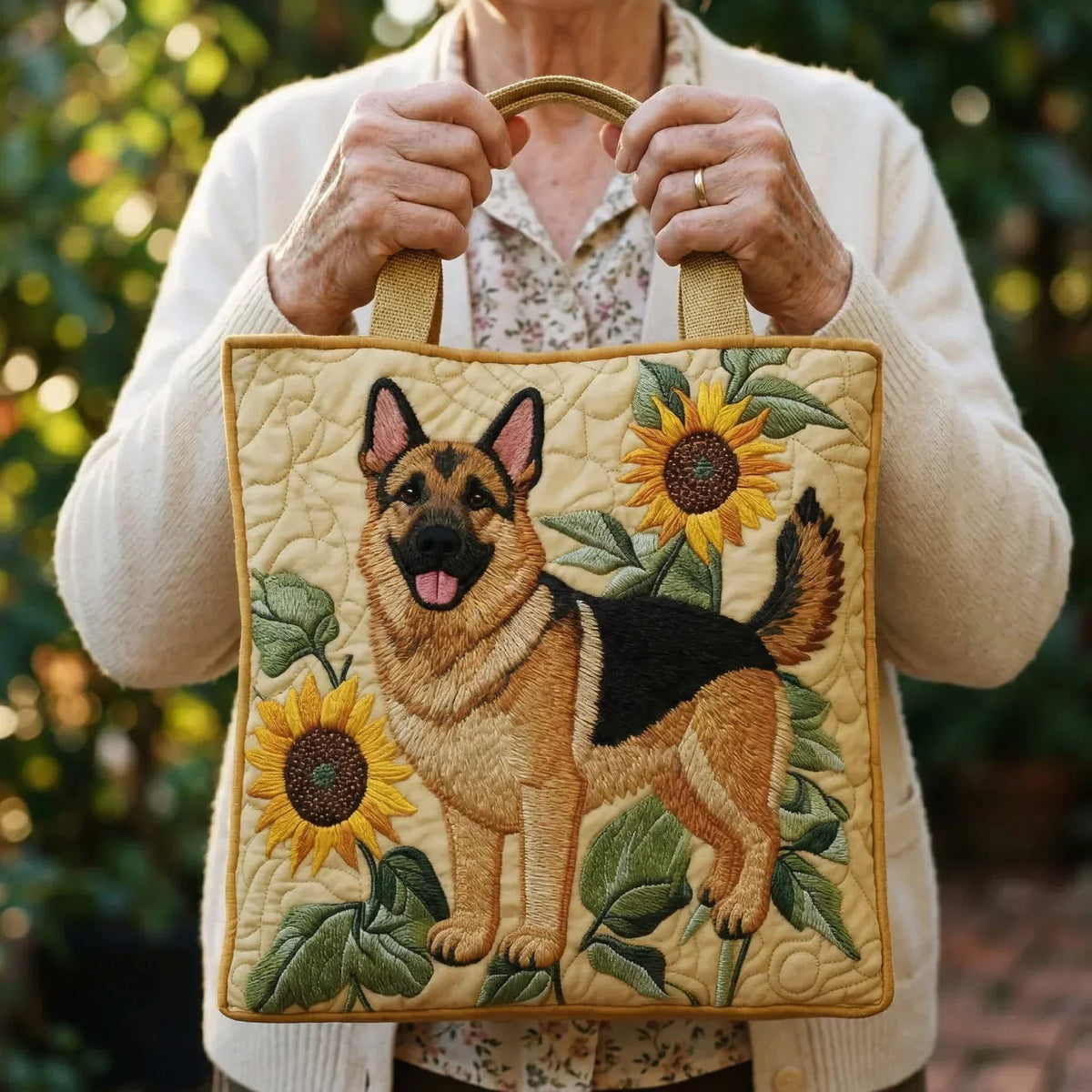 Pastor Alemán y Flores | Bolso Artesanal Acolchado